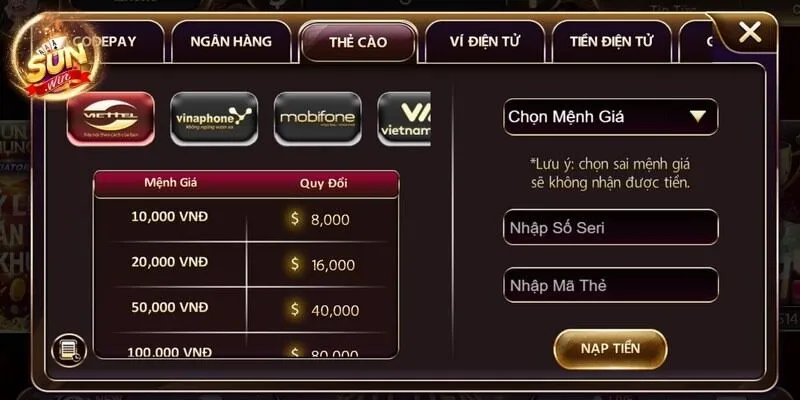 Nạp Tiền Sunwin - Thanh Toán Siêu Tốc, Bảo Mật Và Đa Dụng 13 Sunwin Cách thức nạp tiền đơn giản bằng thẻ điện thoại cực kỳ tiện lợi